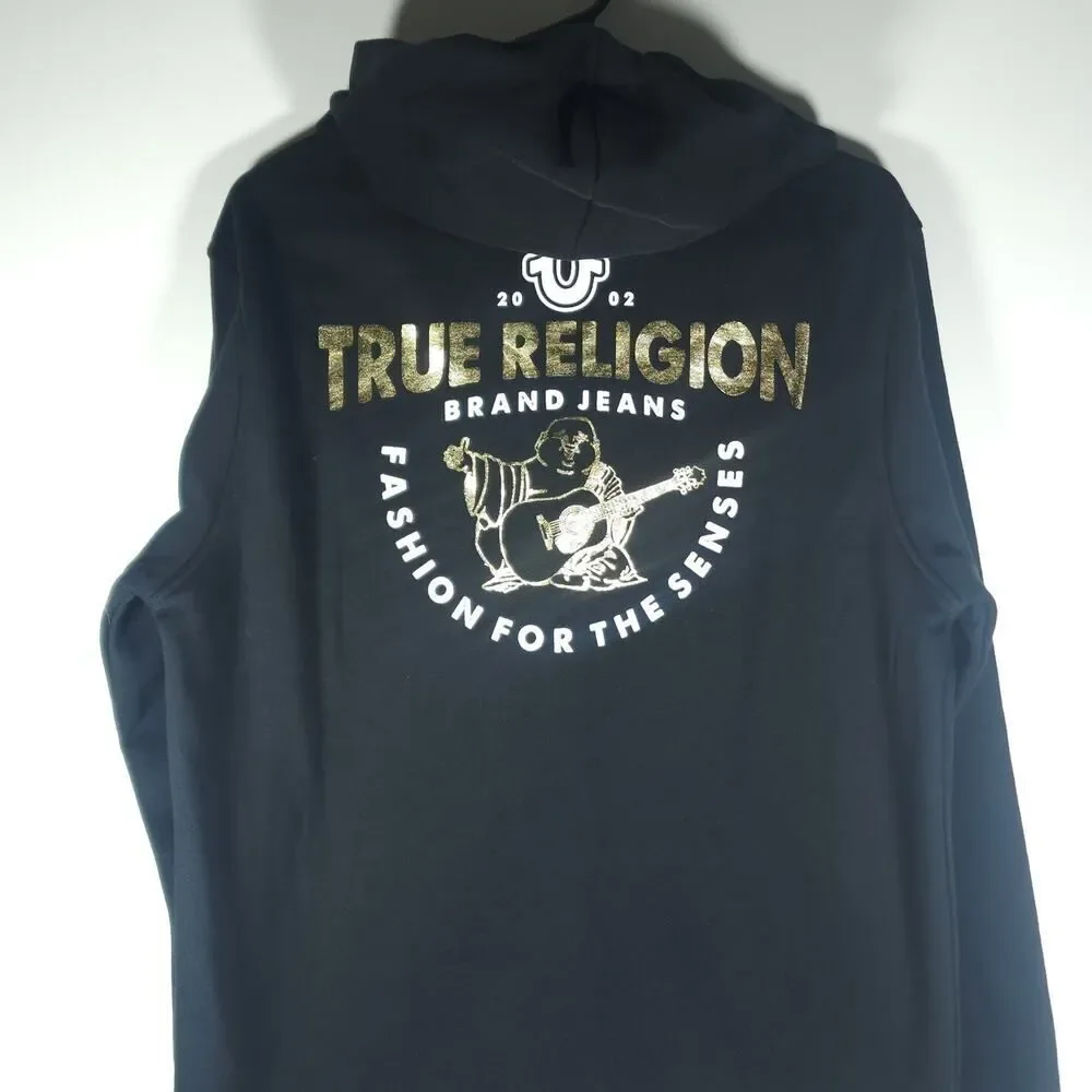 True Religion Men's Sz M Black Metallic Buddha Logo Long Sleeve Full Zip Hoodie